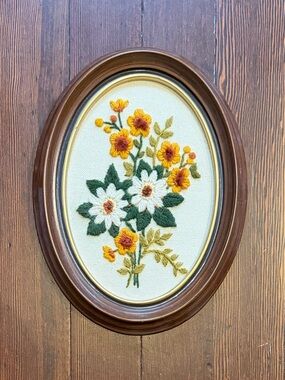 Framed floral crewel embroidered wall art